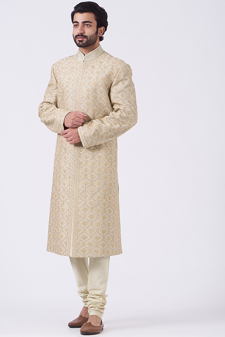Light Beige Embroidered Groom Sherwani Set by Abhishek Gupta Men at Pernia's Pop Up Shop