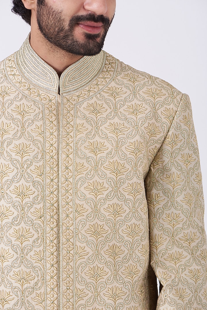 Light Beige Embroidered Groom Sherwani Set by Abhishek Gupta Men at Pernia's Pop Up Shop