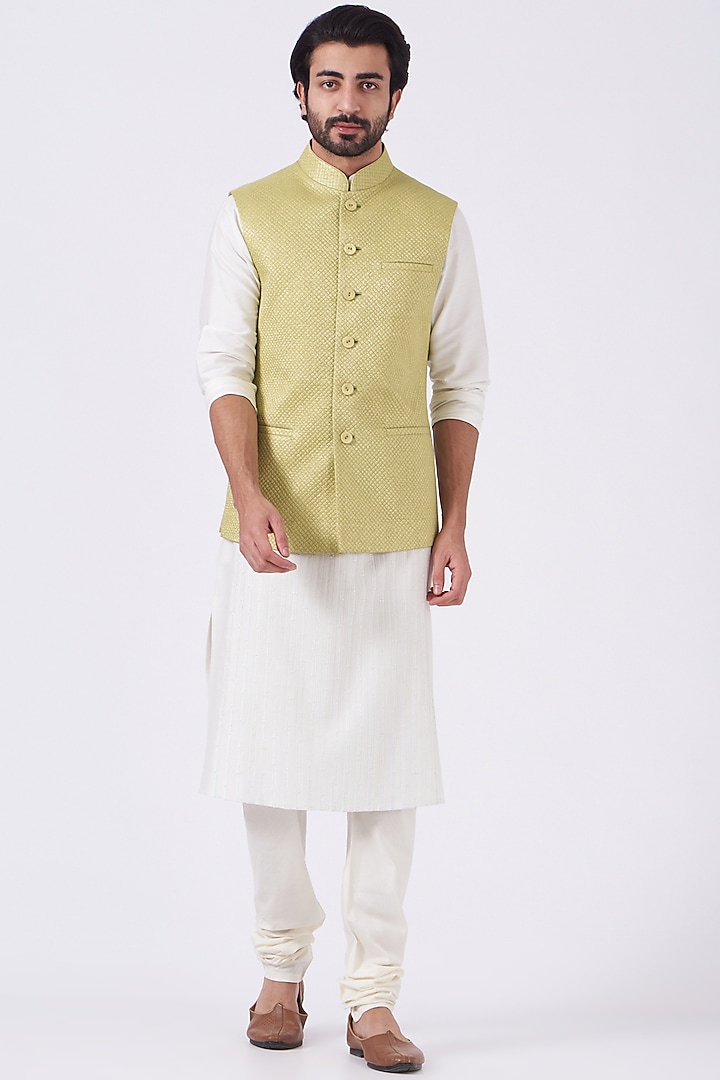 Lime Lurex Quilted Bundi Jacket by Abhishek Gupta Men at Pernia's Pop Up Shop