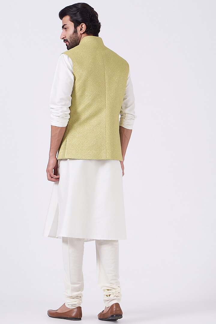 Lime Lurex Quilted Bundi Jacket by Abhishek Gupta Men at Pernia's Pop Up Shop