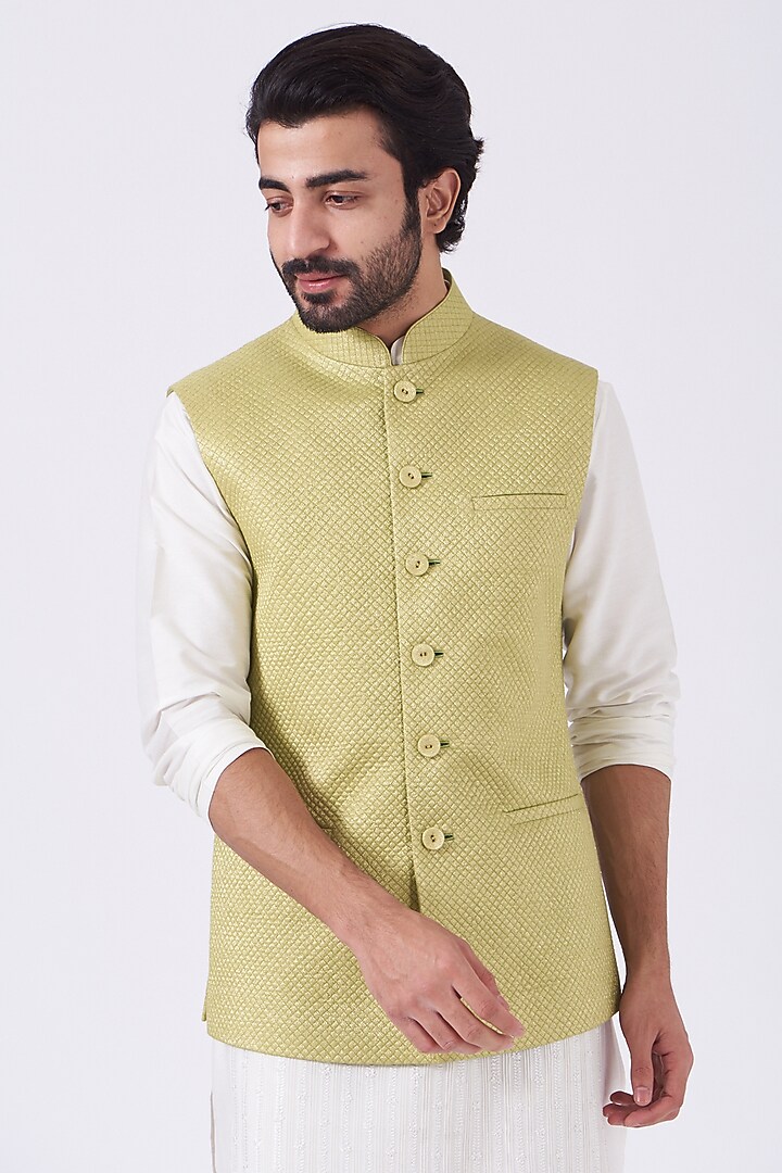 Lime Lurex Quilted Bundi Jacket by Abhishek Gupta Men at Pernia's Pop Up Shop