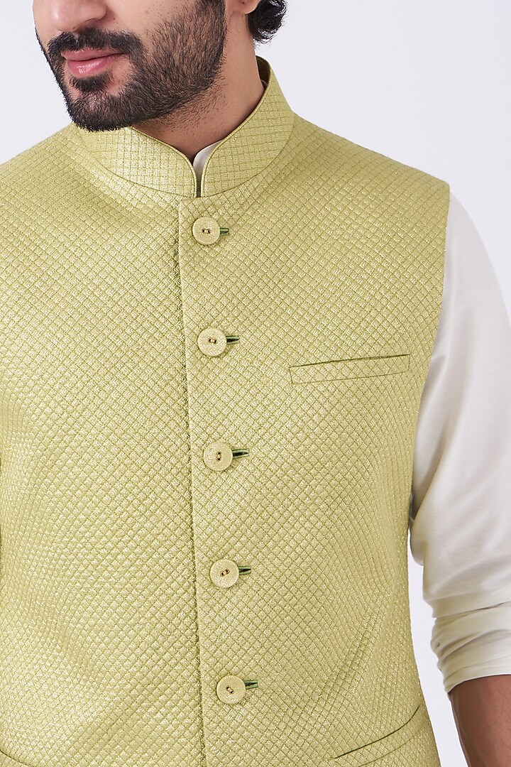 Lime Lurex Quilted Bundi Jacket by Abhishek Gupta Men at Pernia's Pop Up Shop