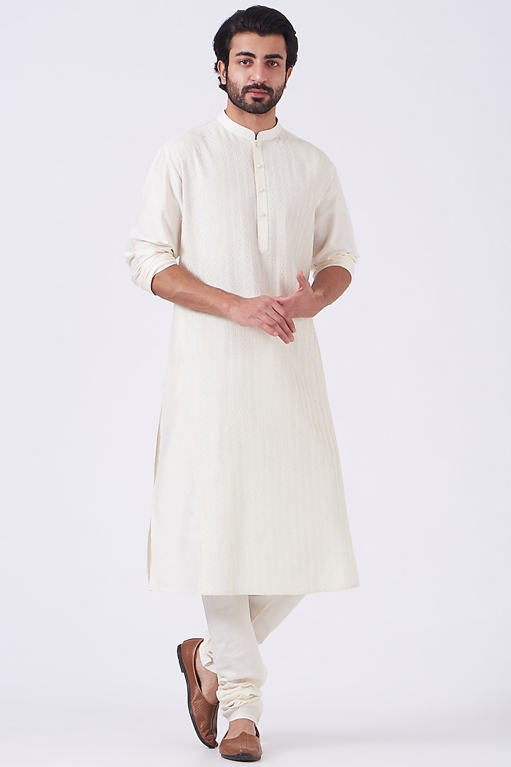 Cream Cotton Silk Kurta Set by Abhishek Gupta Men