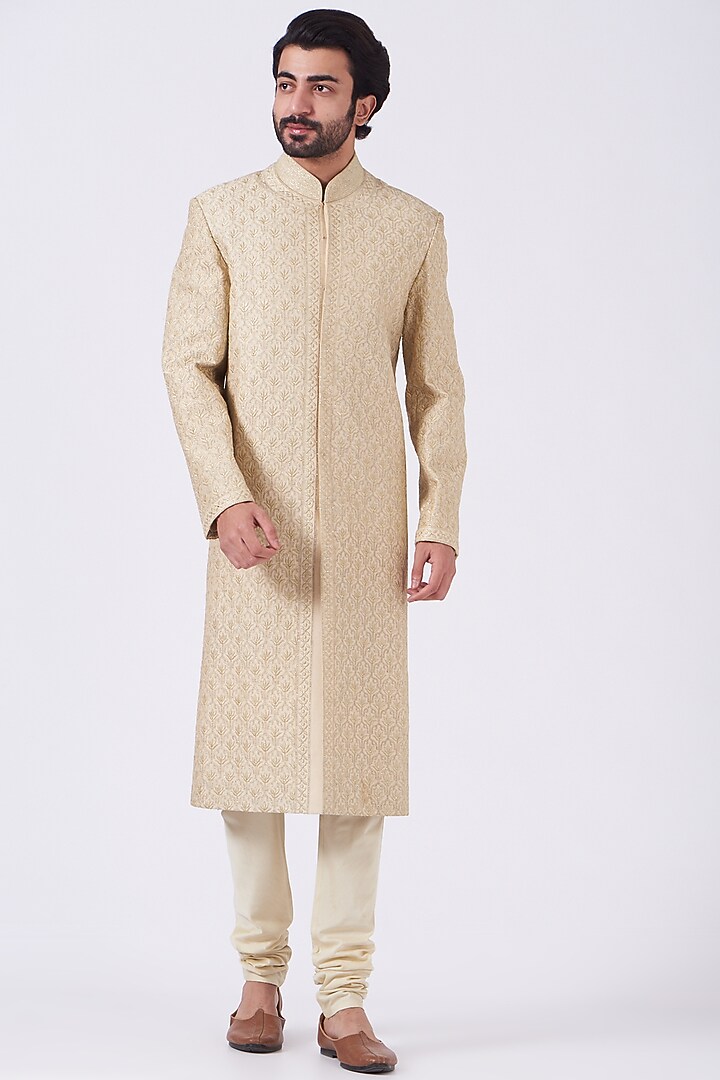 Beige Embroidered Groom Sherwani Set by Abhishek Gupta Men at Pernia's Pop Up Shop