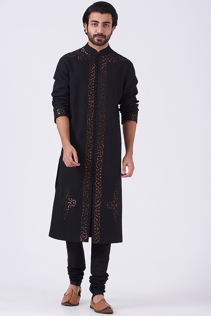 Black Embroidered Wedding Sherwani Set by Abhishek Gupta Men at Pernia's Pop Up Shop