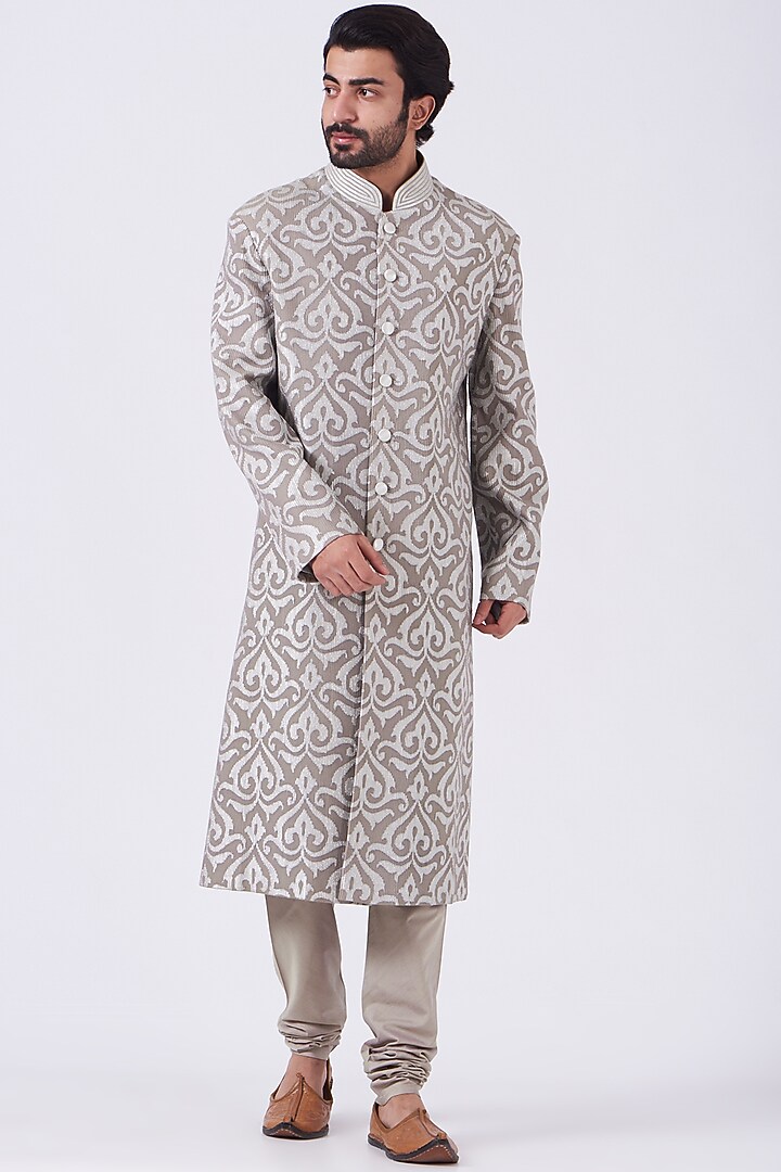 Pale Grey Embroidery Groom Sherwani Set by Abhishek Gupta Men at Pernia's Pop Up Shop