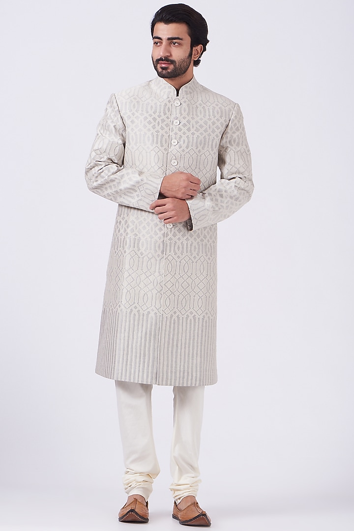Cream Resham Embroidered Groom Sherwani Set by Abhishek Gupta Men at Pernia's Pop Up Shop
