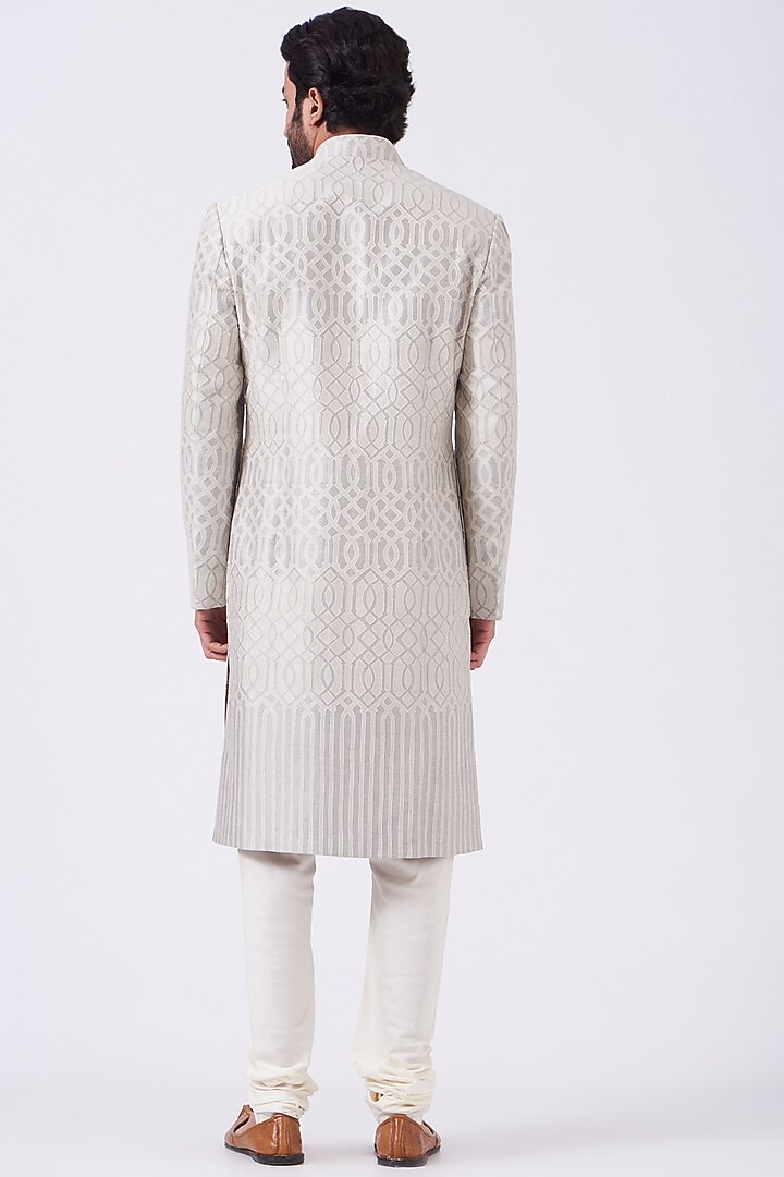 Cream Resham Embroidered Groom Sherwani Set by Abhishek Gupta Men at Pernia's Pop Up Shop