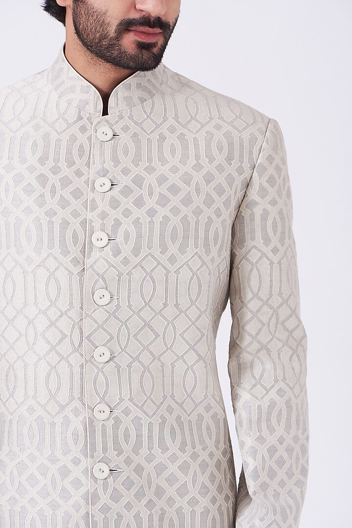 Cream Resham Embroidered Groom Sherwani Set by Abhishek Gupta Men at Pernia's Pop Up Shop