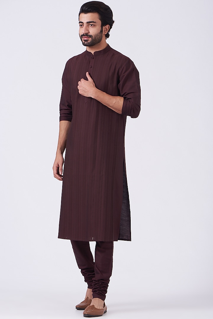 Sand Cotton Silk Pintucks Kurta Set by Abhishek Gupta Men at Pernia's Pop Up Shop