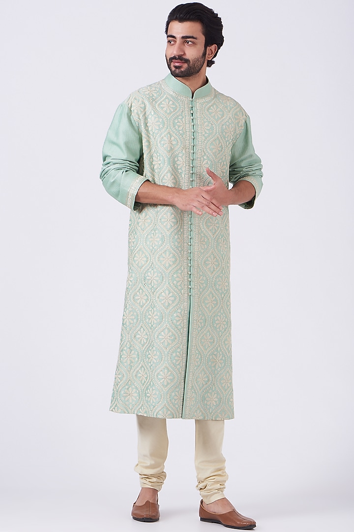 Mint Embroidered Wedding Sherwani Set by Abhishek Gupta Men at Pernia's Pop Up Shop