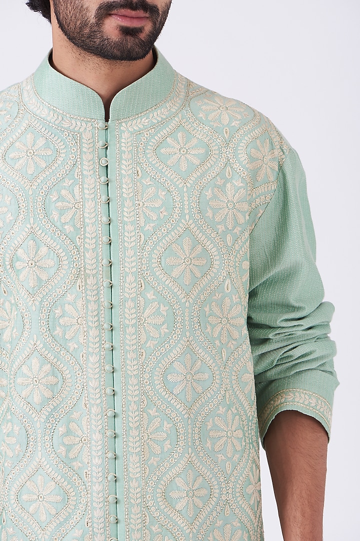Mint Embroidered Wedding Sherwani Set by Abhishek Gupta Men at Pernia's Pop Up Shop