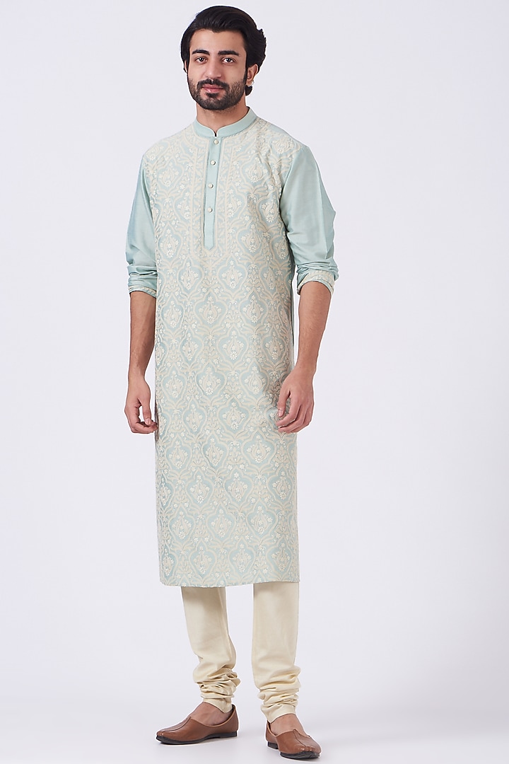Mint Embroidered Kurta Set by Abhishek Gupta Men at Pernia's Pop Up Shop