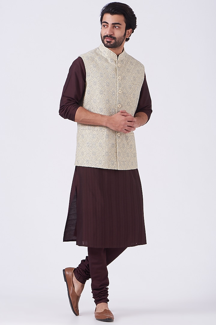 Light Beige Embroidered Bundi Jacket by Abhishek Gupta Men at Pernia's Pop Up Shop