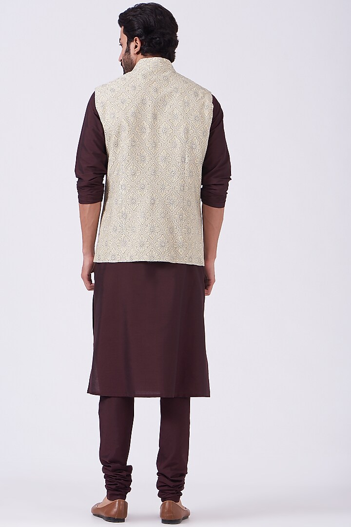 Light Beige Embroidered Bundi Jacket by Abhishek Gupta Men at Pernia's Pop Up Shop