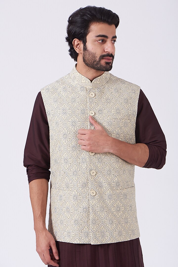 Light Beige Embroidered Bundi Jacket by Abhishek Gupta Men at Pernia's Pop Up Shop