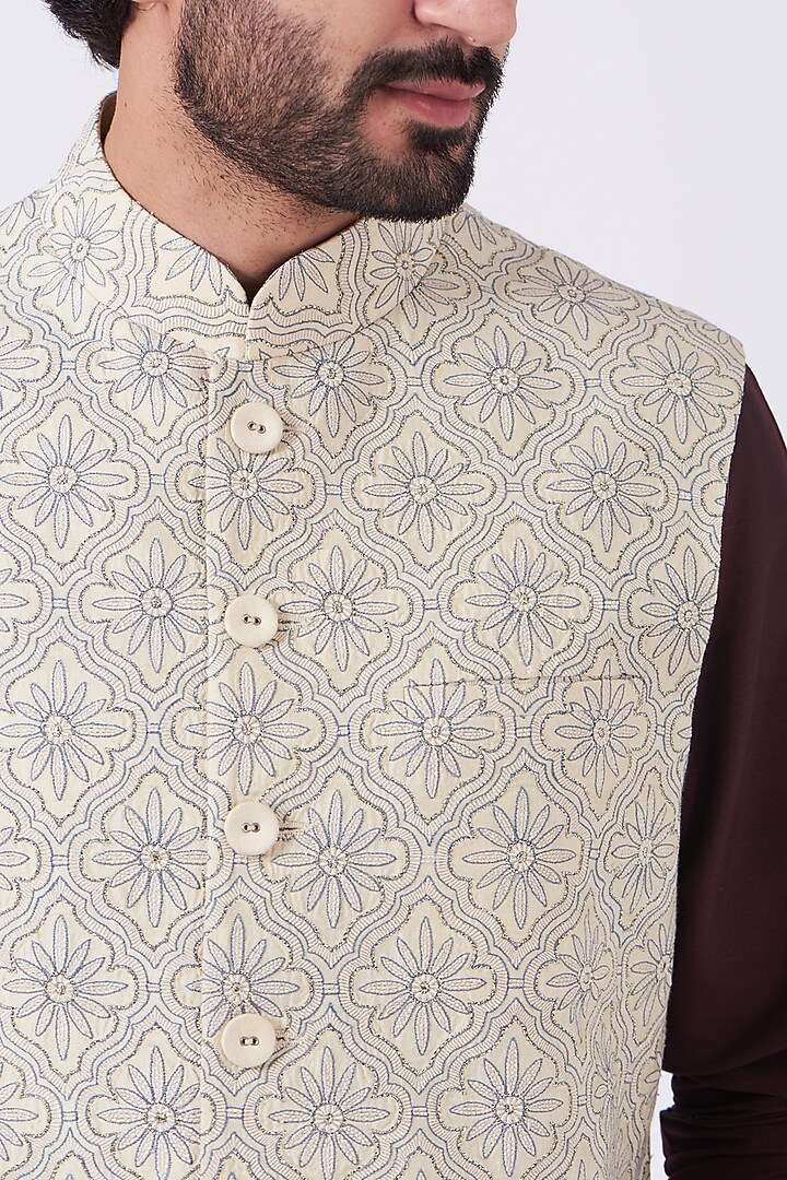 Light Beige Embroidered Bundi Jacket by Abhishek Gupta Men at Pernia's Pop Up Shop