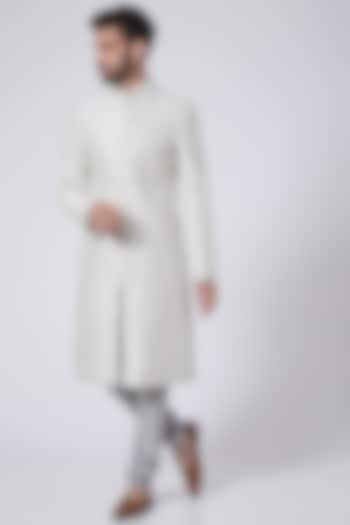 Cream Pleated Textured Achkan Jacket by Abhishek Gupta Men at Pernia's Pop Up Shop