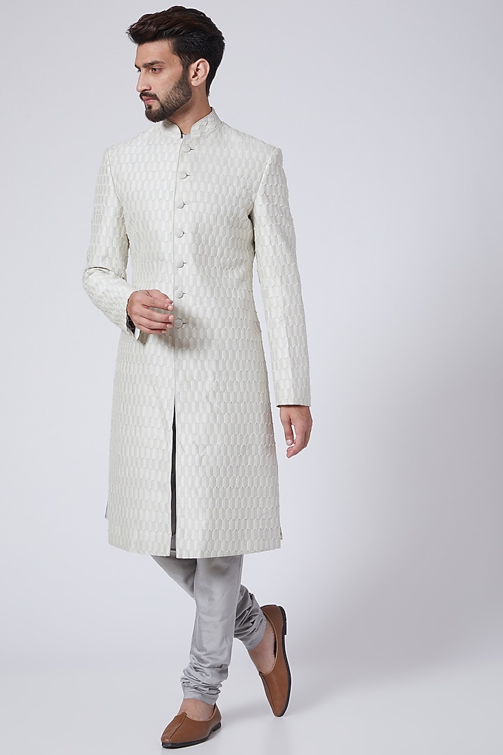Cream Pleated Textured Achkan Jacket by Abhishek Gupta Men at Pernia's Pop Up Shop