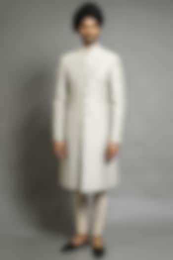 Beige Embroidered Groom Sherwani by Abhishek Gupta Men at Pernia's Pop Up Shop