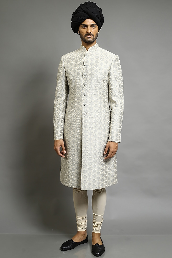 Beige Embroidered Groom Sherwani by Abhishek Gupta Men at Pernia's Pop Up Shop