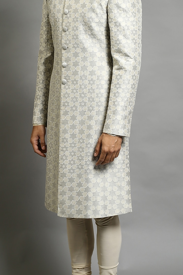 Beige Embroidered Groom Sherwani by Abhishek Gupta Men at Pernia's Pop Up Shop