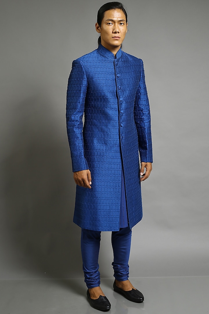 Cobalt Blue Chanderi Silk Sherwani by Abhishek Gupta Men