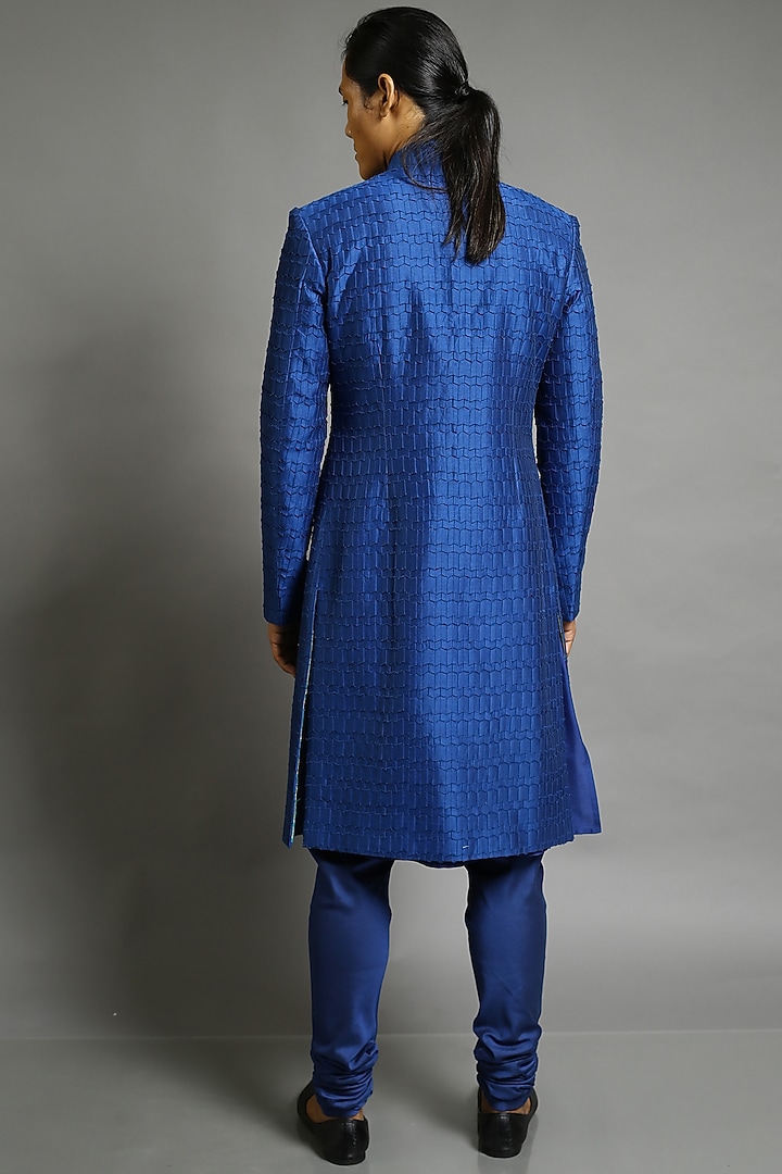 Cobalt Blue Chanderi Silk Groom Sherwani by Abhishek Gupta Men at Pernia's Pop Up Shop