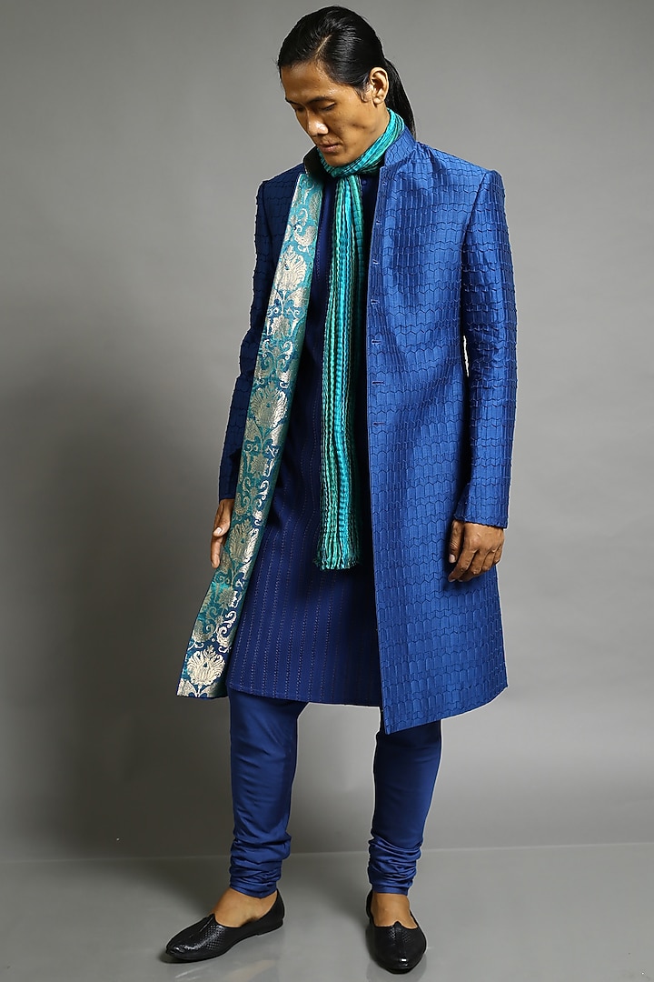 Cobalt Blue Chanderi Silk Groom Sherwani by Abhishek Gupta Men at Pernia's Pop Up Shop