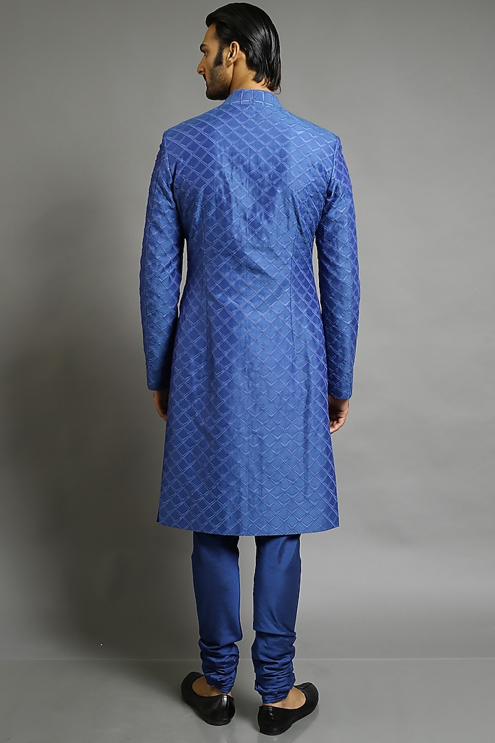 Cobalt Blue Embroidered Groom Sherwani by Abhishek Gupta Men at Pernia's Pop Up Shop