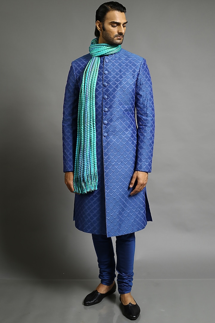 Cobalt Blue Embroidered Groom Sherwani by Abhishek Gupta Men at Pernia's Pop Up Shop