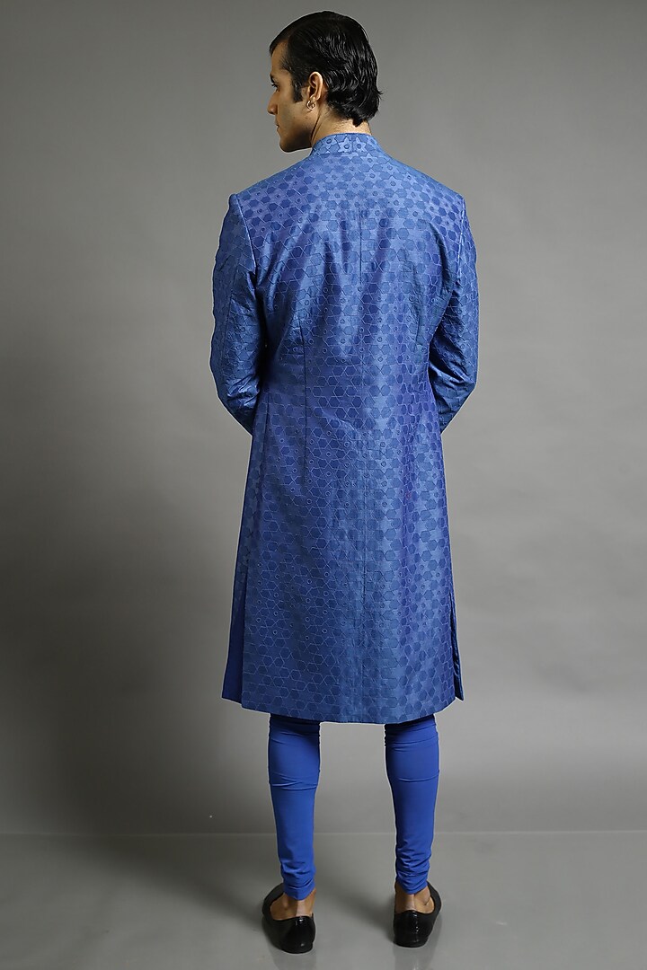 Cobalt Blue Applique Embroidered Groom Sherwani by Abhishek Gupta Men at Pernia's Pop Up Shop