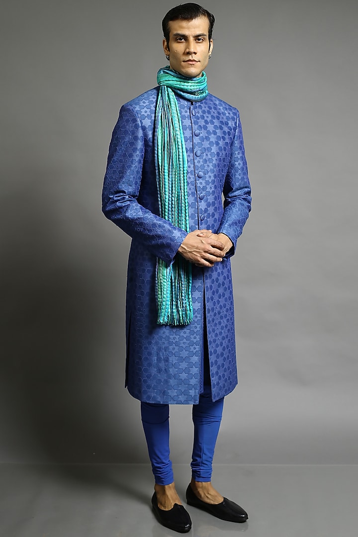 Cobalt Blue Applique Embroidered Groom Sherwani by Abhishek Gupta Men at Pernia's Pop Up Shop
