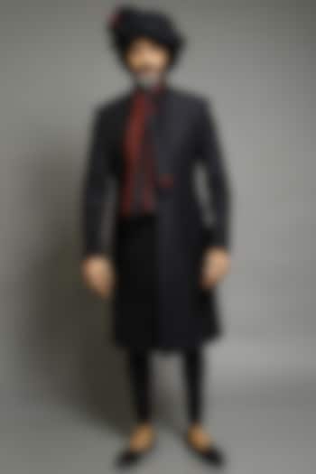 Black Chanderi Silk Groom Sherwani by Abhishek Gupta Men at Pernia's Pop Up Shop
