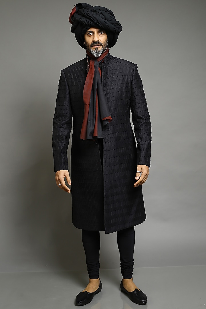 Black Chanderi Silk Groom Sherwani by Abhishek Gupta Men at Pernia's Pop Up Shop