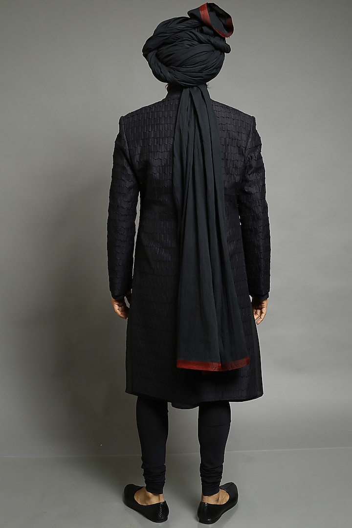 Black Chanderi Silk Groom Sherwani by Abhishek Gupta Men at Pernia's Pop Up Shop