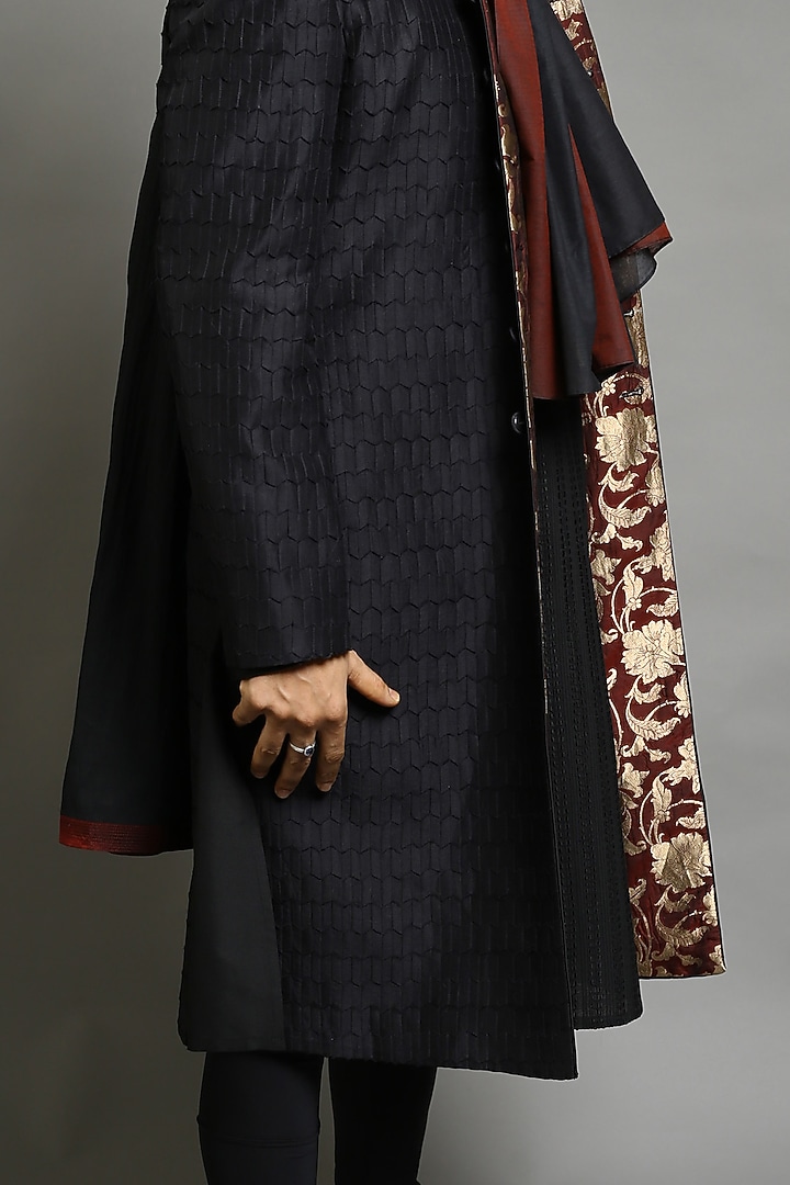Black Chanderi Silk Groom Sherwani by Abhishek Gupta Men at Pernia's Pop Up Shop