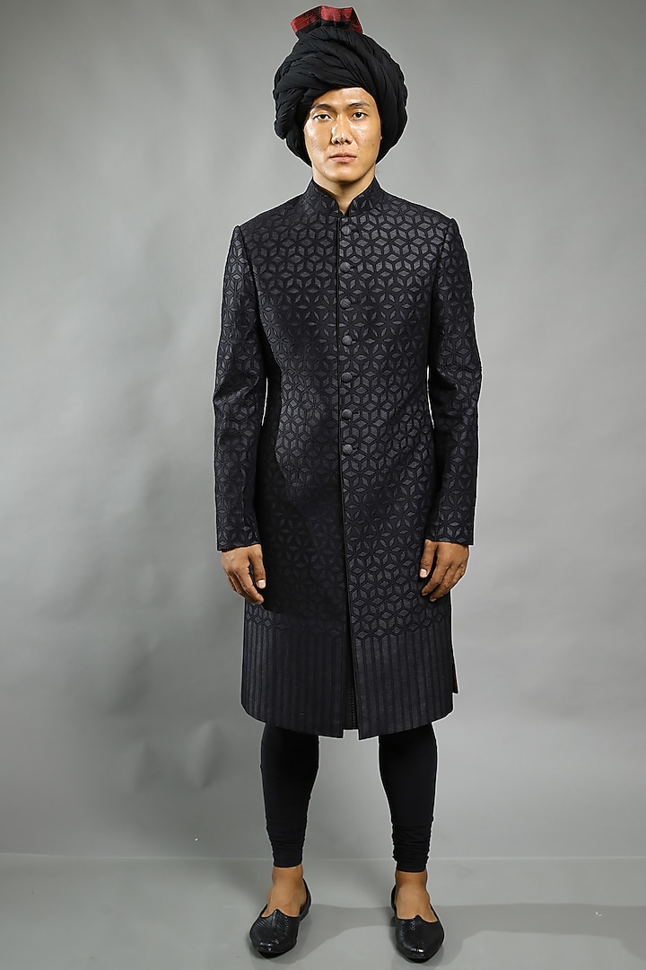 Black Applique Embroidered Groom Sherwani by Abhishek Gupta Men at Pernia's Pop Up Shop