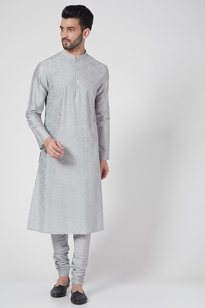 Light Grey Embroidered Kurta Set by Abhishek Gupta Men at Pernia's Pop Up Shop