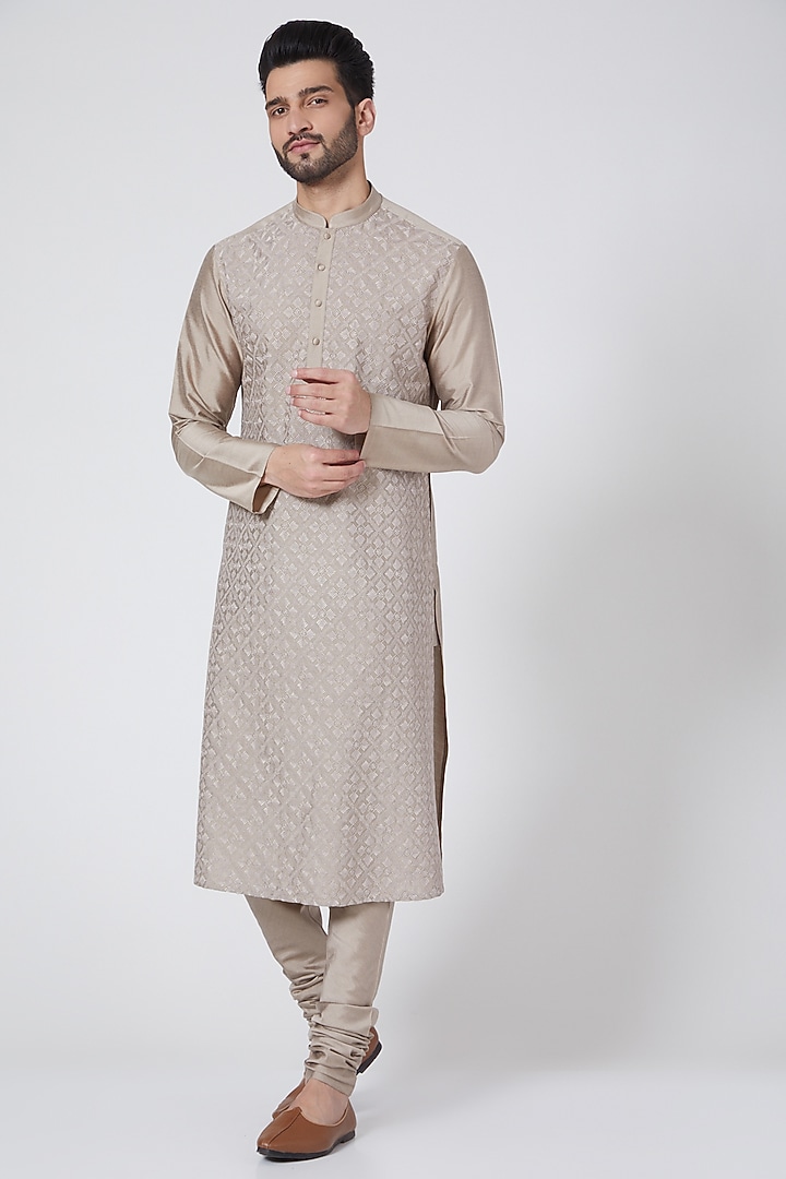 Sand Colored Embroidered Kurta Set by Abhishek Gupta Men at Pernia's Pop Up Shop