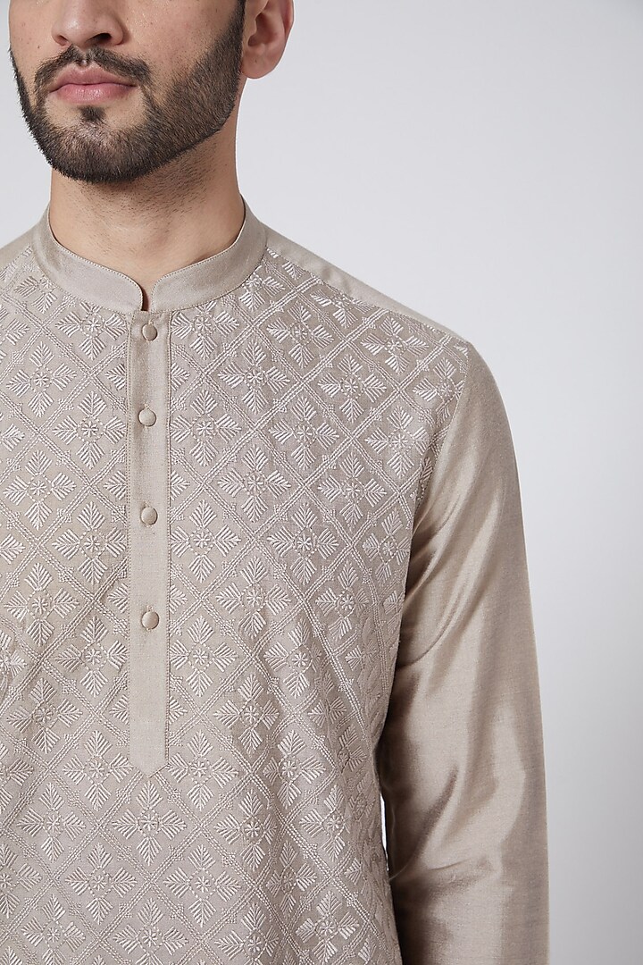 Sand Colored Embroidered Kurta Set by Abhishek Gupta Men at Pernia's Pop Up Shop