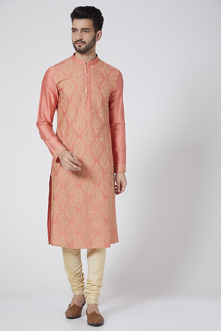 Orange Kurta Set With Butti Work by Abhishek Gupta Men at Pernia's Pop Up Shop