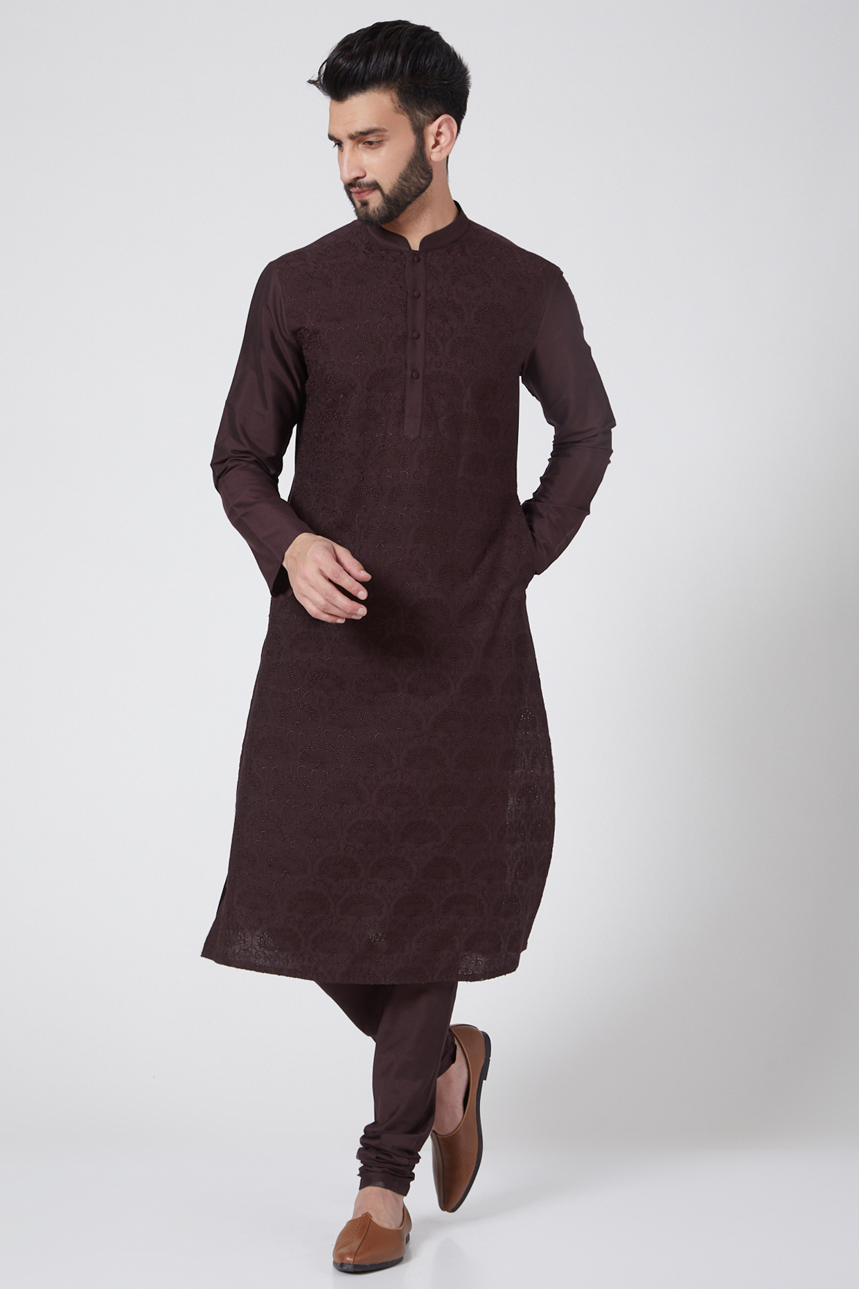 Chocolate Brown Cotton Silk Resham Embroidered Kurta Set by Abhishek Gupta Men