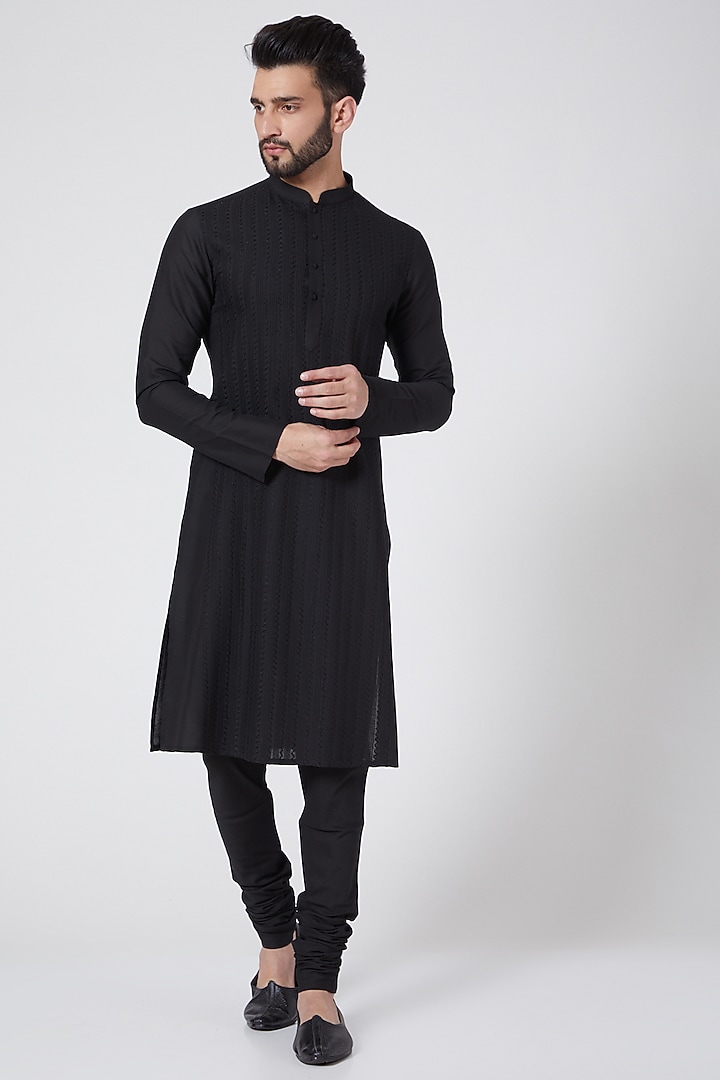 Black Kantha Embroidered Kurta Set by Abhishek Gupta Men at Pernia's Pop Up Shop