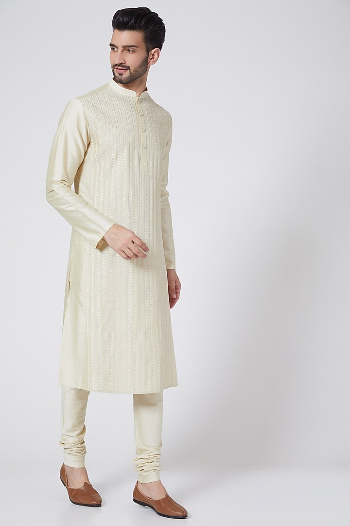 Light Beige Kantha Embroidered Kurta Set by Abhishek Gupta Men at Pernia's Pop Up Shop