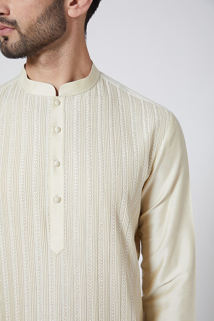 Light Beige Kantha Embroidered Kurta Set by Abhishek Gupta Men at Pernia's Pop Up Shop