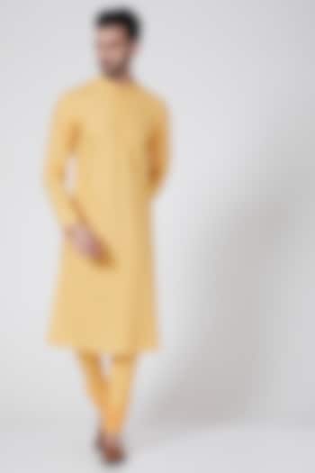 Mango Yellow Cotton Silk Resham Embroidered Kurta Set by Abhishek Gupta Men at Pernia's Pop Up Shop