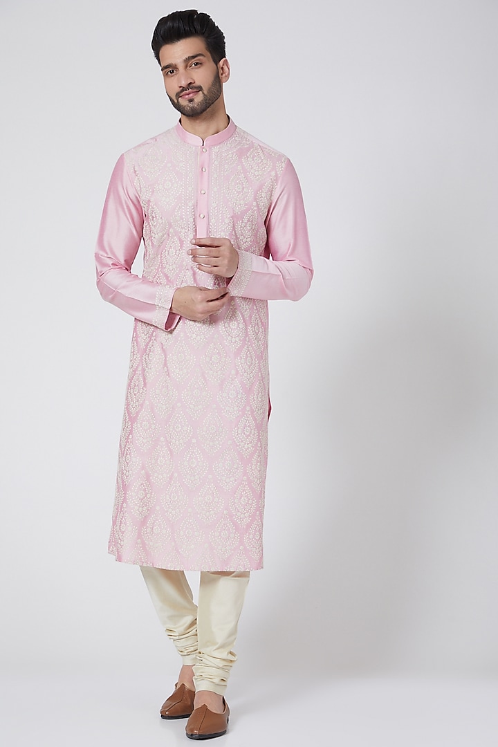 Blush Pink Cotton Silk Kurta Set by Abhishek Gupta Men