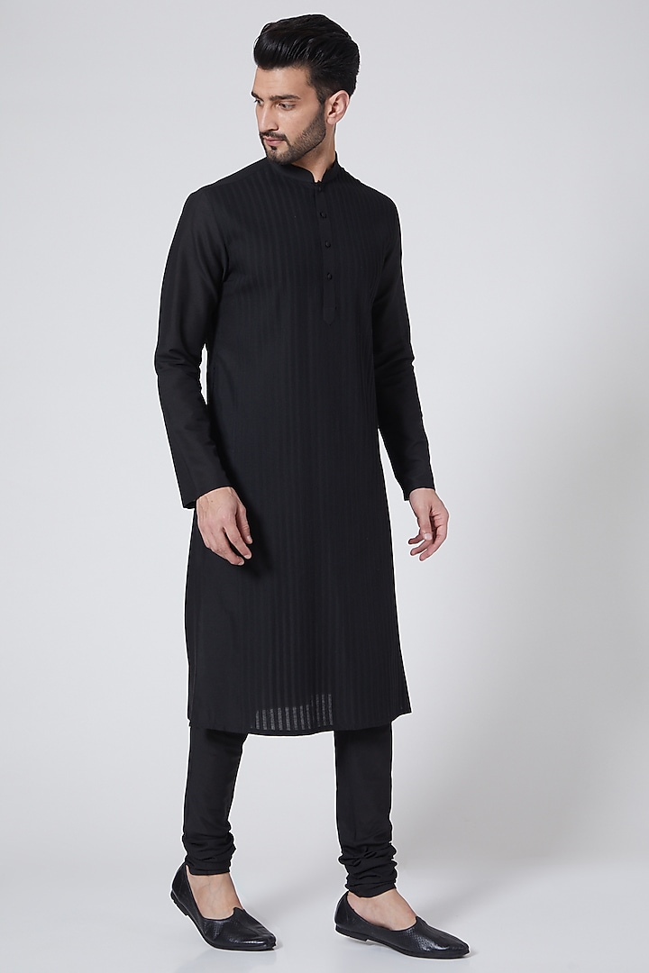 Black Cotton Silk Kurta Set by Abhishek Gupta Men at Pernia's Pop Up Shop