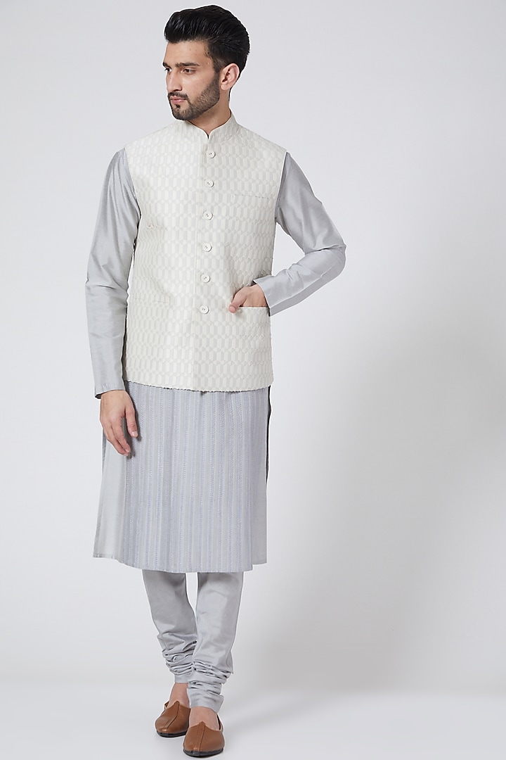 Cream Chanderi Silk Waistcoat by Abhishek Gupta Men